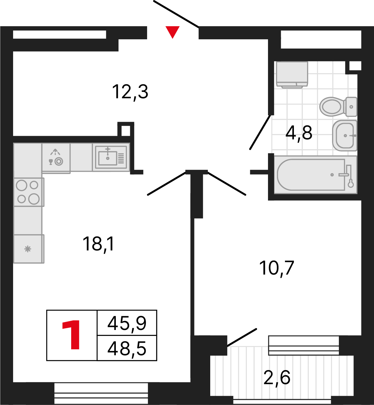 1 комната, 48,55 м²