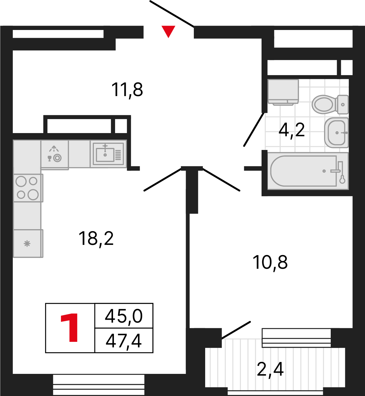 1 комната, 47,42 м²