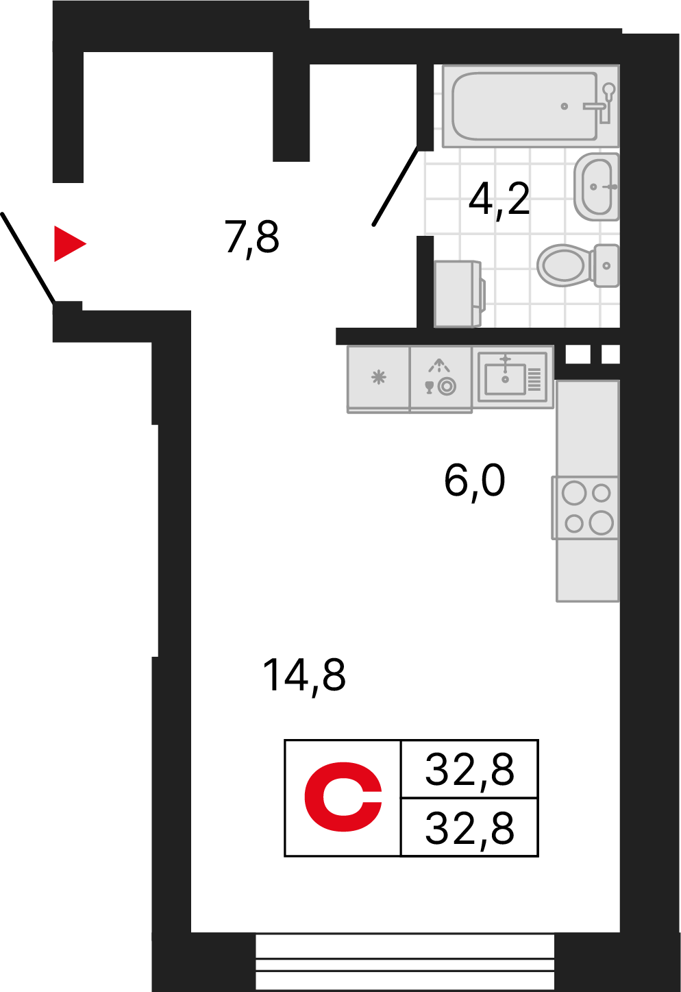 1 комната, 32,79 м²