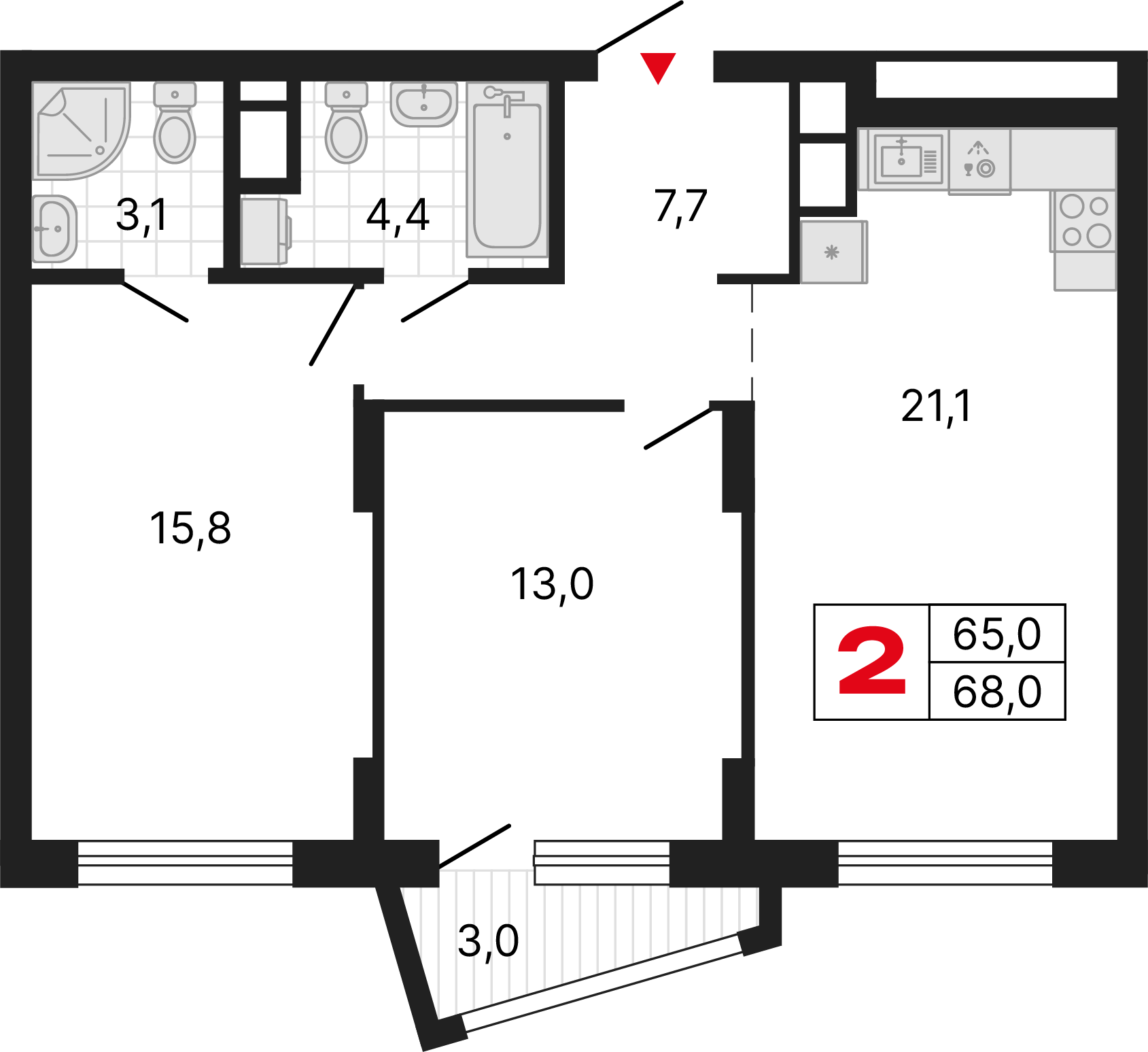 2 комнаты, 68,01 м²