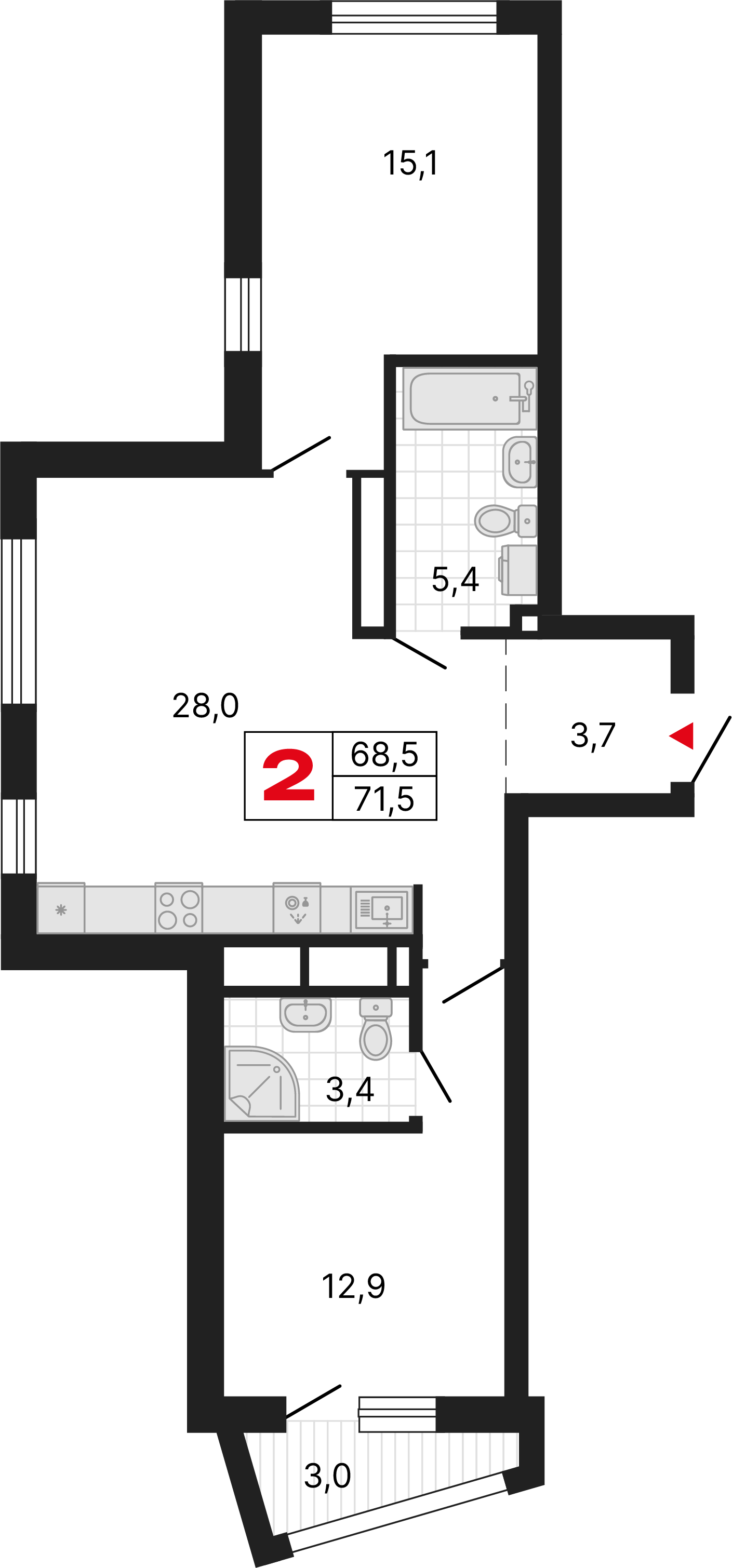 2 комнаты, 71,46 м²