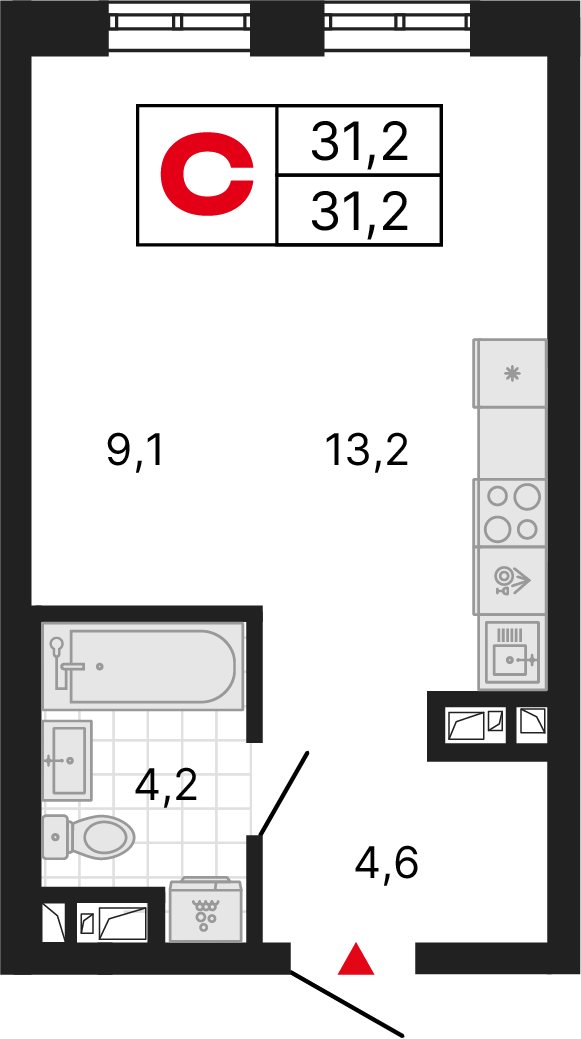 1 комната, 31,25 м²