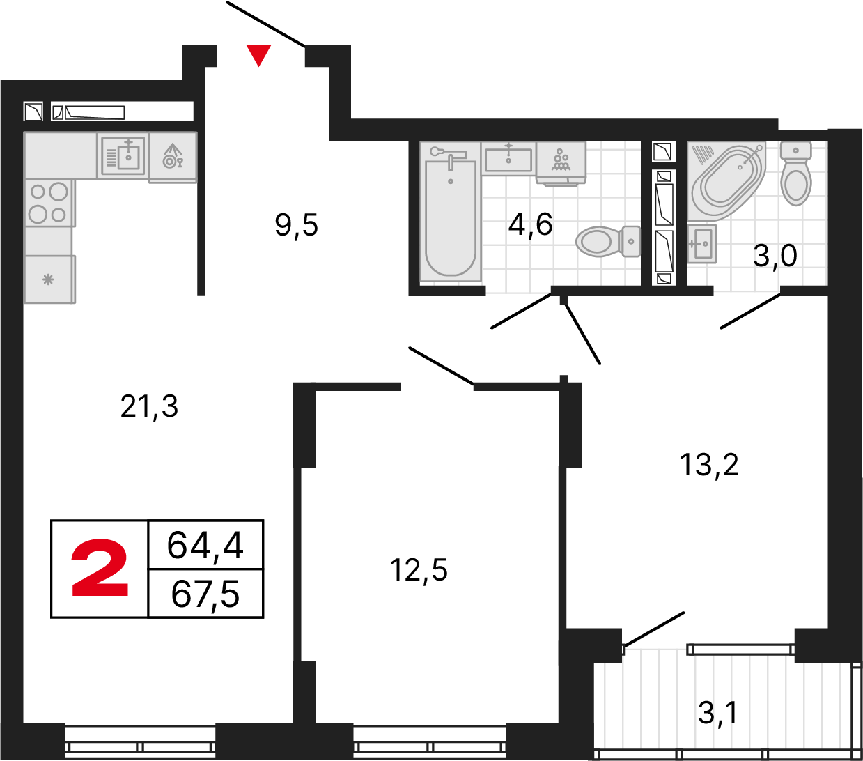 2 комнаты, 67,54 м²