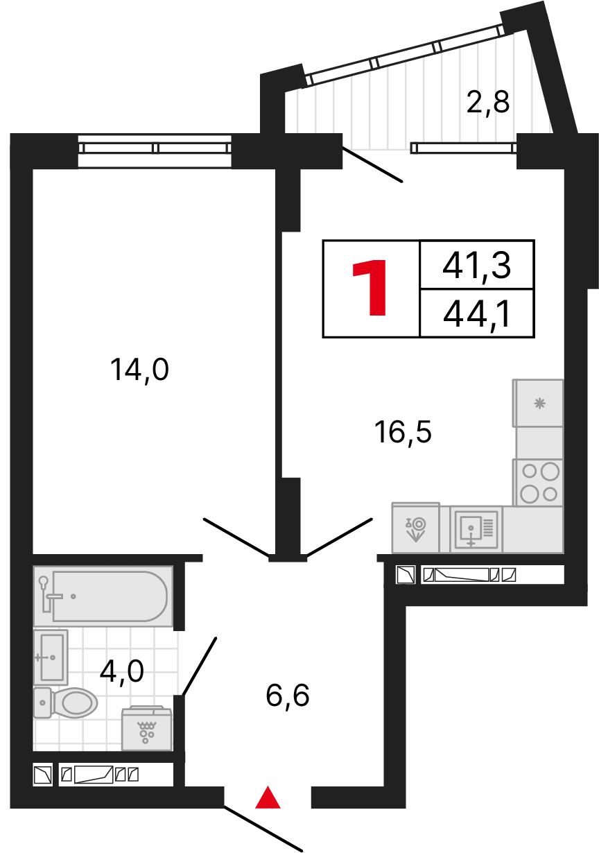 1 комната, 44,18 м²