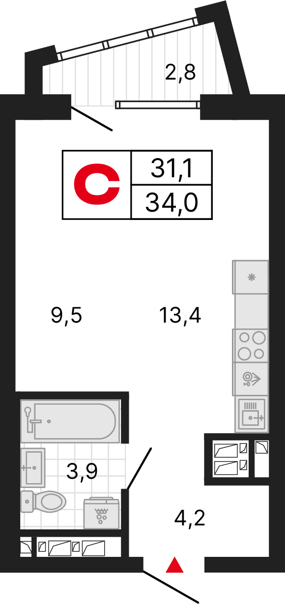 1 комната, 34,03 м²