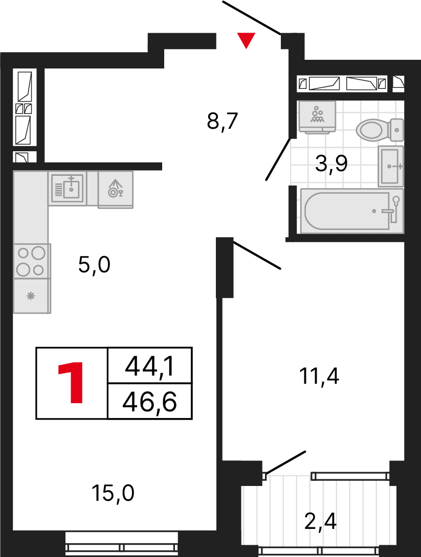 1 комната, 46,63 м²