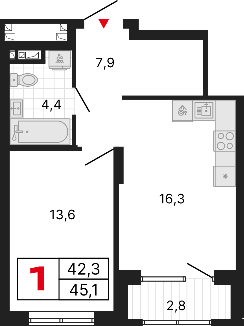 1 комната, 45,16 м²