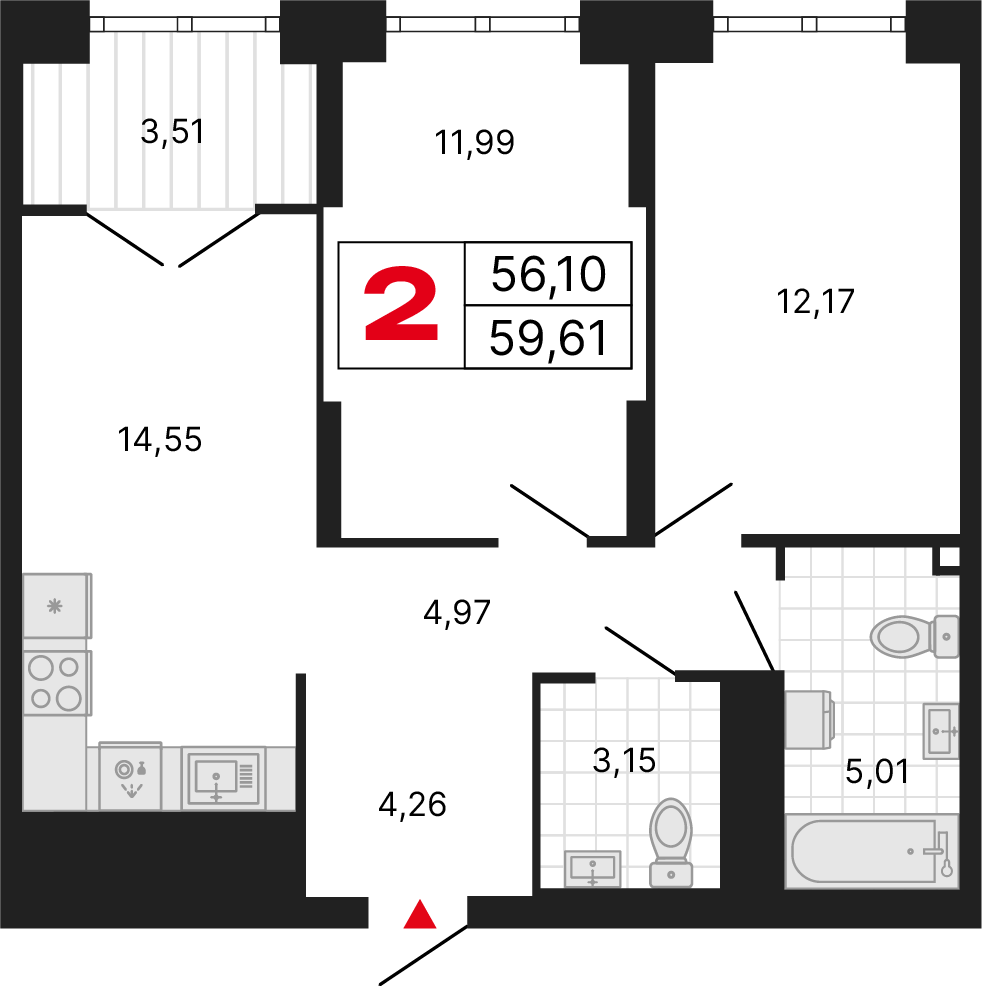 2 комнаты, 59,61 м²