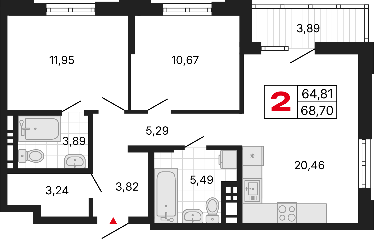 2 комнаты, 69,09 м²