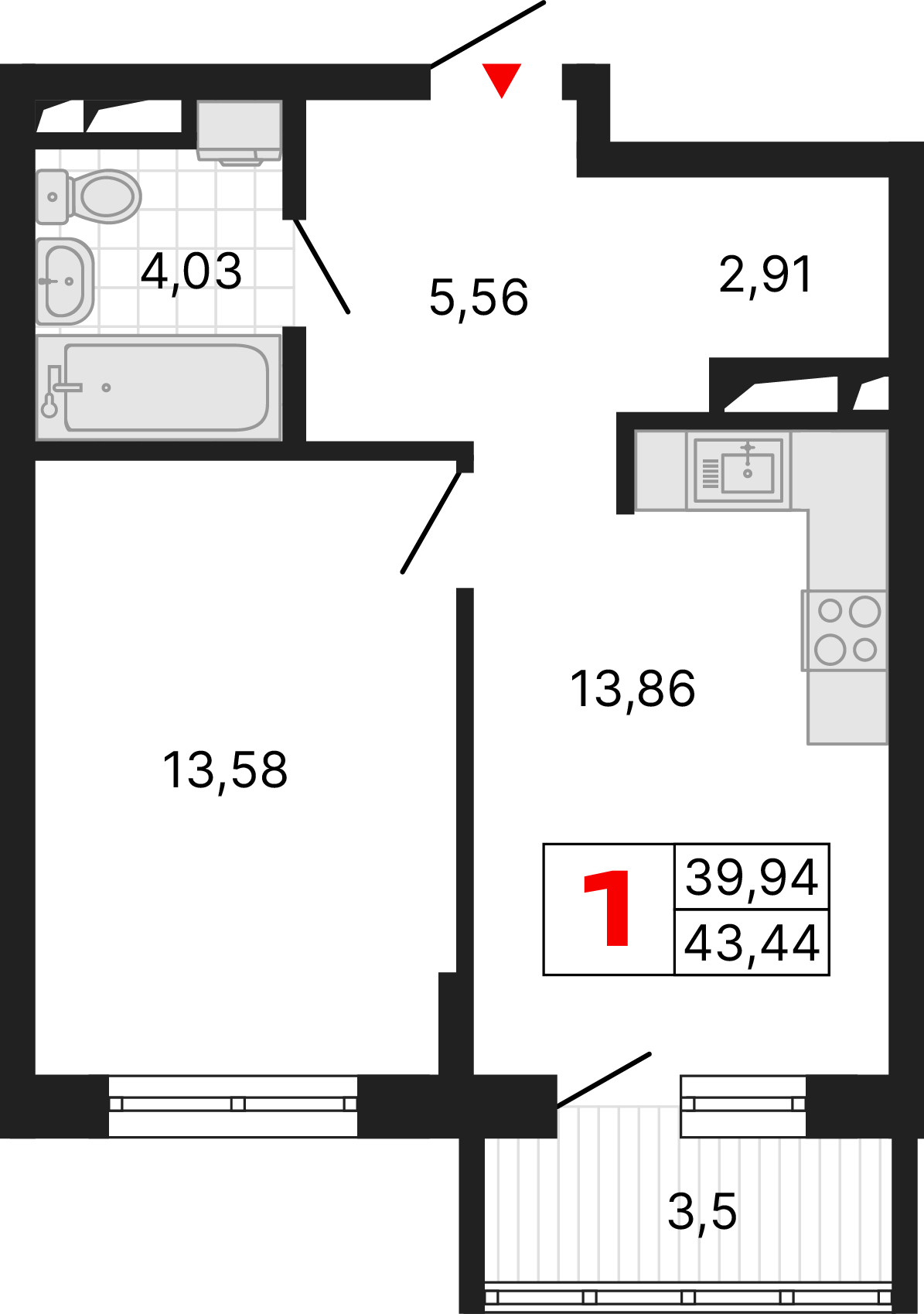 1 комната, 43,44 м²