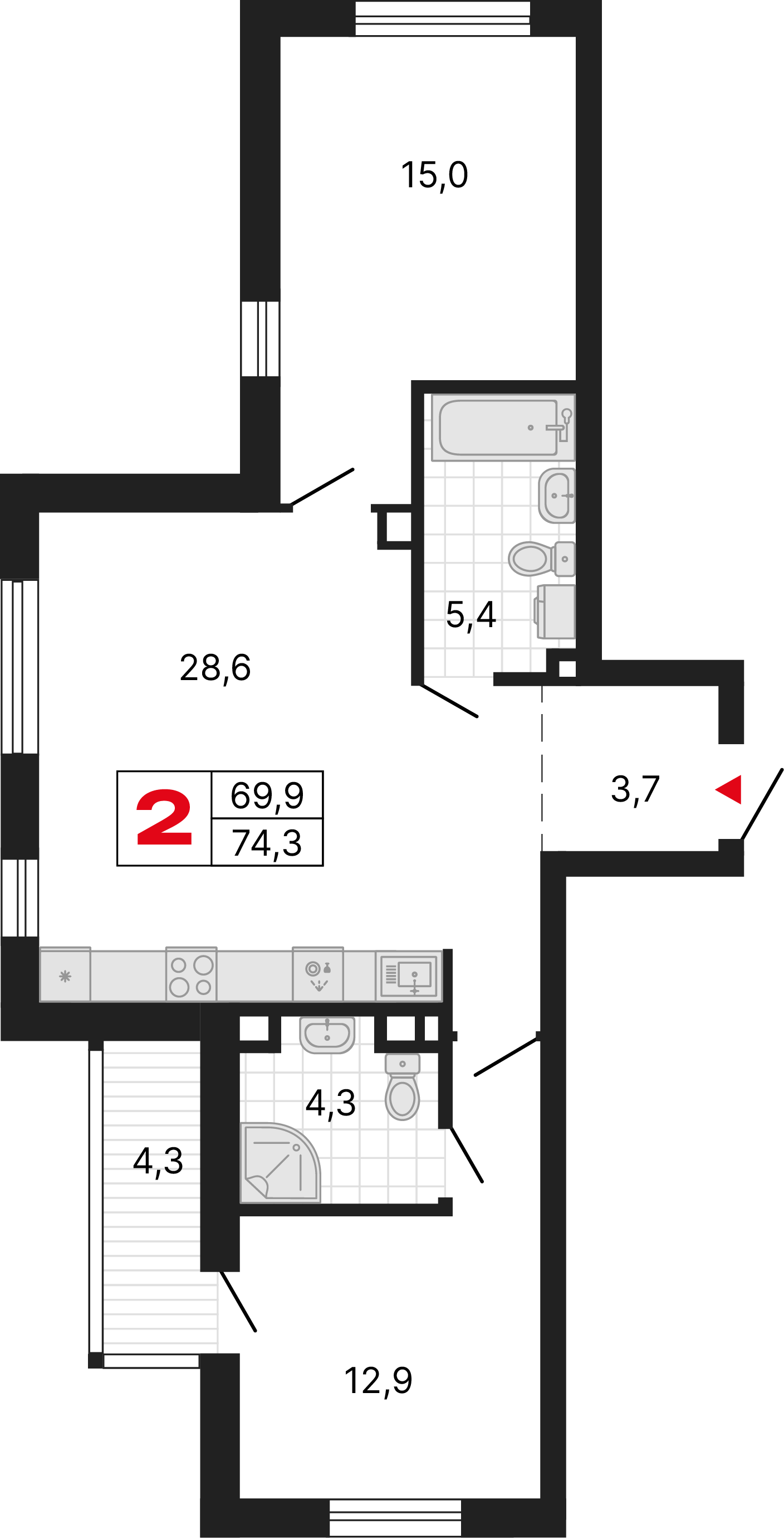 2 комнаты, 74,27 м²