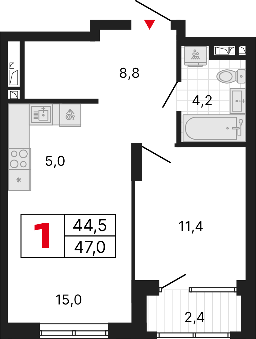 1 комната, 47,03 м²