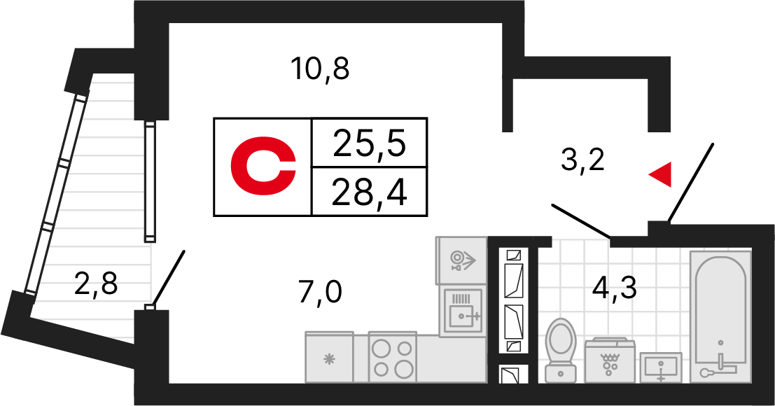1 комната, 28,43 м²