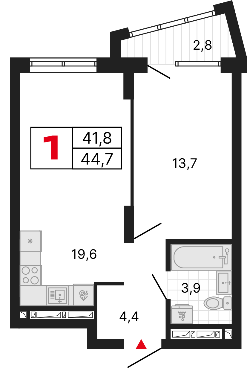1 комната, 44,70 м²