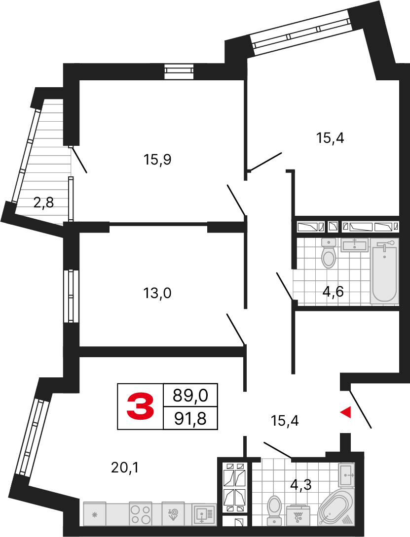 3 комнаты, 91,89 м²