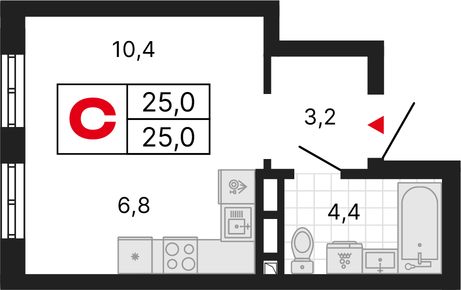 1 комната, 25,06 м²