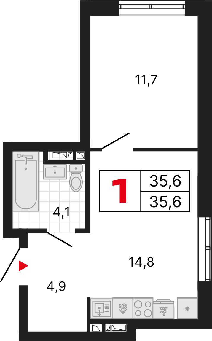 1 комната, 35,60 м²