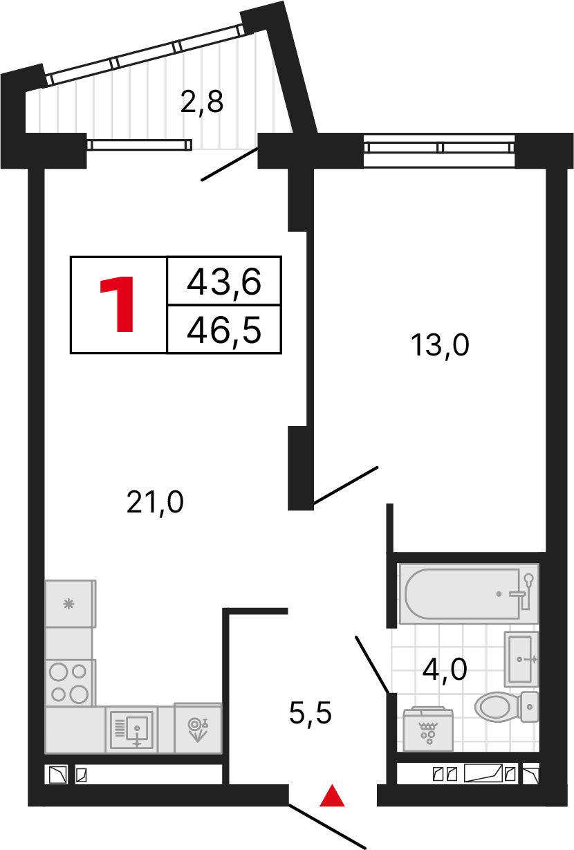 1 комната, 46,51 м²