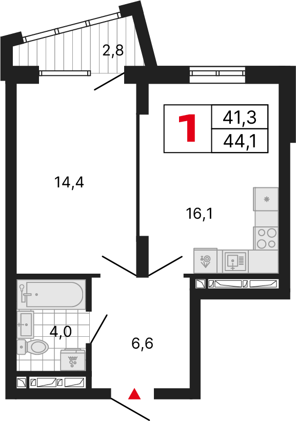 1 комната, 44,17 м²