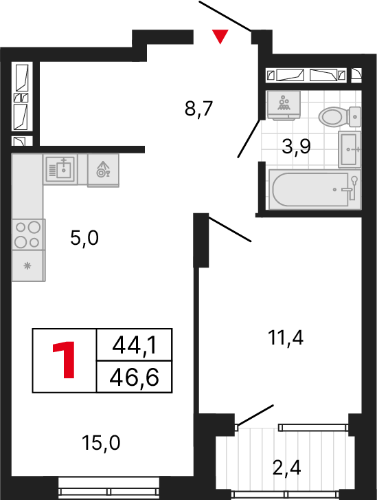 1 комната, 46,63 м²
