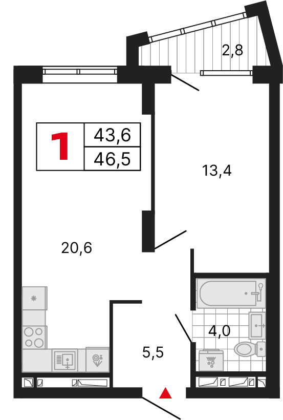 1 комната, 46,50 м²