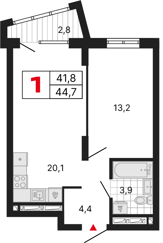 1 комната, 44,71 м²