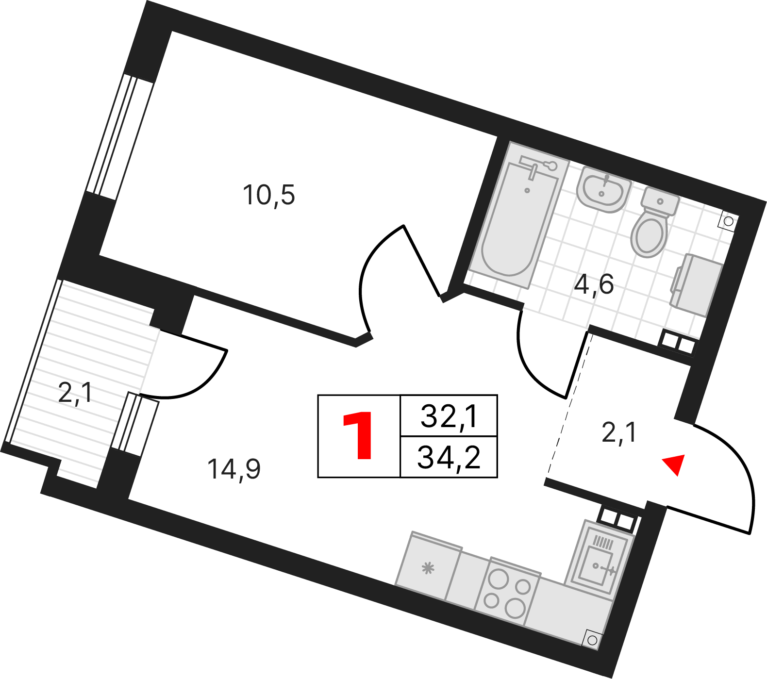 1 комната, 34,23 м²