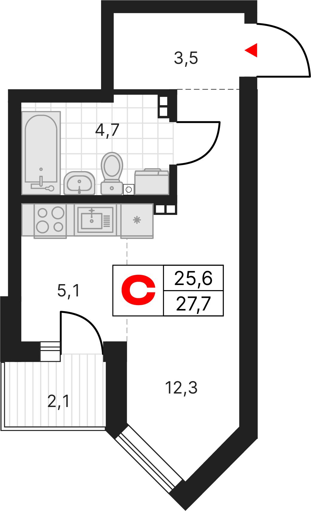 1 комната, 27,71 м²